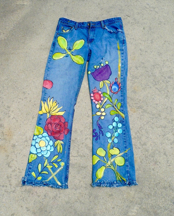 Women's Hand Painted Denim Blue Jeans Size Ten Low Rise