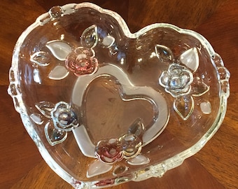 Mikasa Heart Shaped Trinket Dish, Candy Dish, Blue and Red Flowers, Scalloped Trim, Frosted and Clear Glass