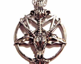 Antiqued Silver Baphomet Goat Head on Inverted Pentagram Necklace 7B