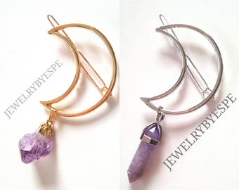 Gold Moon Hair Clip Amethyst Druzy Crystal, Silver Moon Hair Clip Amethyst Yoga Healing Gemstone, Hair barrette Bridesmaid Gifts