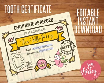 Tooth Fairy Certificate, Tooth Certificate, Tooth Fairy Printable, Official Tooth Fairy, Customized, Custom, Printable, Editable, Instant