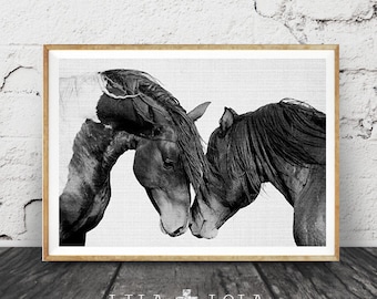 Horse Print, Black and White Photography, Horse Print Wall Art, Wild Horse Photo, Wilderness Print, Equestrian, Printable Art, Two Horses