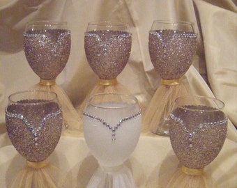 Bride and Bridesmaid Glittered Wine Glasses
