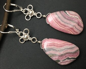 Rhodochrosite Earrings, Pink Stone Earrings, Sterling Silver Earrings, Long Earrings, Gemstone Earrings, OOAK Earrings, Earrings under 250