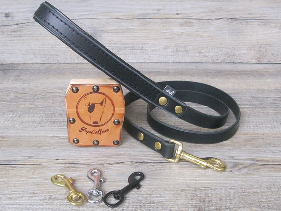 Black Leather Dog Leash with Soft Padded Handle, Custom Lenght and Width, Brass, Nickel or Black Hardware, Handmade Dog Lead, Walking Leash