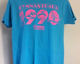 Vtg 1990 Gymnastrada T-Shirt Blue L Screen Stars 50/50 90s Gymnastics