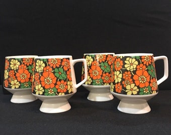 VINTAGE 1970's Flower Power Fine China Coffee Cups/Mugs 3-15 Set Of 4
