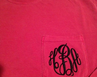 Monogrammed Comfort Color Long Sleeve Crimson Pocket T-shirt