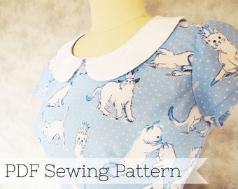 Short Sleeve Peter Pan Collar Dress PDF Sewing Pattern - cat, short cap sleeve, kitty, printable