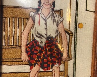 MAYniaSALE Dimensions, Norman Rockwell, Outside the Principal's Office, Shiner, 5 by 7 inch, Vintage 1982 Crewel Kit, Very hard to Find