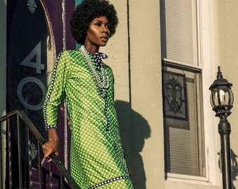 Vintage Estate Mod Shannon Rodgers for Jerry Silverman 1960s Dress Green Blue White Polka Dots