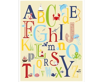 Children's Wall Art / Nursery Decor Nautical Alphabet Poster - ABC alphabet typography Poster Print