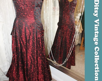 1930s 1940s red brocade evening dress - Size 8 10 UK