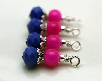 Fuschia Pink and Royal Blue with Silver Bead Dangle Charm Drop Set, Anime Charm, Girls Necklace Pendant, Pink Dangles