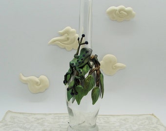 polymer tree frog on vintage bottle