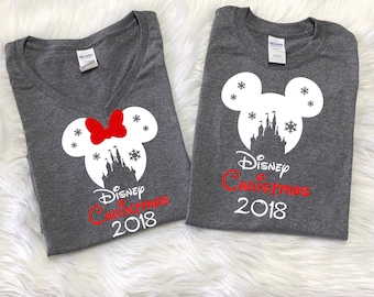 Disney SNOWFLAKE CASTLE with 2018, RED Disney christmas and 2018 below,Disney inspired shirt,Family Vacation shirts,Disney christmas shirts