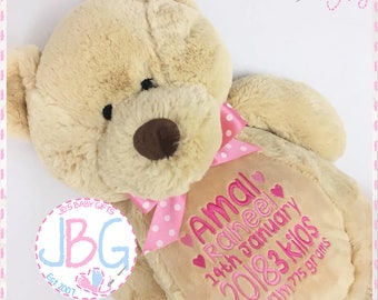 Personalised teddy bear, embroidered bears, personalised baby gift, christening or new baby gift, birth stats, any text embroidered, teddy