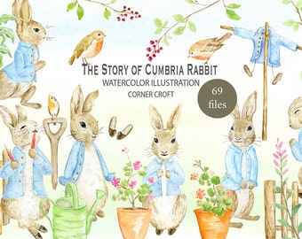 Rabbit clipart, watercolor Cumbria Rabbit illustration, watercolor clipart, personalised print creator, instant download