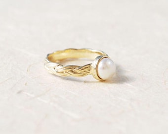 Pearl Engagement Ring, Unique Engagement Ring, 14K Gold and Pearl Ring, June Birthstone Ring, Personalized Birthstone Ring, Braided Ring