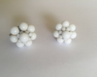 Vintage button style screw back earrings/milk glass beads/ silver tone earrings marked Western Germany/ flower/snowflake/ wedding