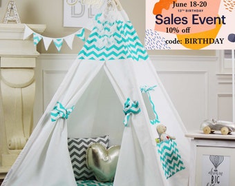 Turquoise Chevron Teepee Package with Poles, Floor and Pockets, Kids Teepee,Play Tent, Childrens Teepee, Tipi, Playhouse, Kids Room Decor