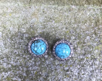 Turquoise and silver earrings, vintage turquoise earrings, turquoise glass earrings, vintage earrings, silver and turquoise earrings, blue,