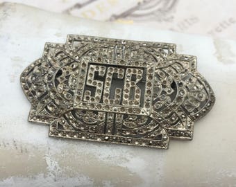 Vintage 1930's Pot Metal Marcasite Monogram Brooch, Estate Jewelry