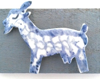 Delft Blue Goat on Driftwood, Blue & White Porcelain, Delftware Animal, Blue and White, Delftware Goat, Handpainted, Goat Decor, Goat.