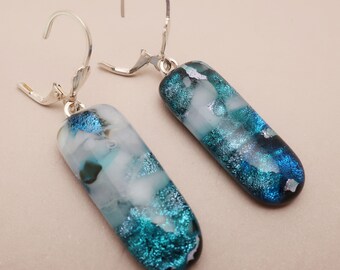 Large Silver white blue fused dichroic glass earrings Sterling silver .925 Lever back ear wires dangle drop glass jewelry