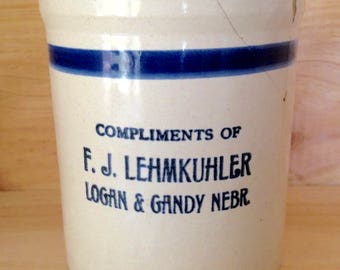 Antique Red Wing Blue Band Beater Jar - advertising from F J Lehmkuhler of Logan and Gandy Nebraska - farmhouse kitchen - crock - stoneware