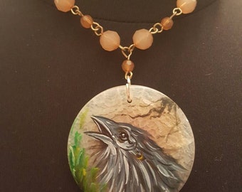 Handpainted crow raven stone pendant necklace