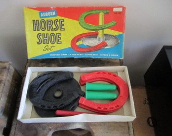 Vintage Auburn Safe Toys Rubber Horseshoe Set in box.