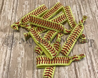 Softball Hair Tie, elastic Hair Tie, Foldover Elastic, softball bracelet, Sport Band, softball ponytail, softball mom, yellow red stitch