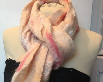 scarf/handmade/felt/wrap/wool/art/designer/texture/accessory/unique/cream white /peach/annacreationsaccess