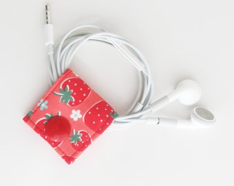 Small Cord Keeper | Strawberry print cotton fabric earbud cord organizer holder for small cords and cables.