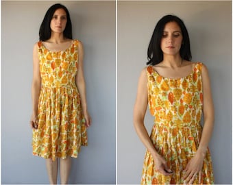 Vintage 1960s Dress | 60s Dress | 1960s Silk Party Dress | 50s Party Dress | 1950s Sun Dress | Printed Sun Dress 60s - (large)