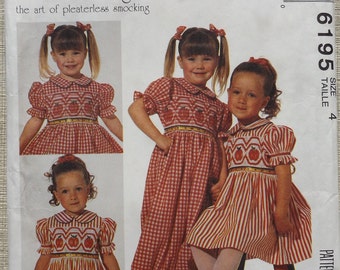 Ann Hallay Designs Girl's Dress and Jumpsuit in Size 4 Complete Uncut with Smocking Transfers Vintage 90s McCall's Sewing Pattern 6195