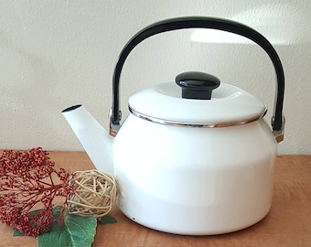 White Enamel Tea Kettle Large Vintage White Tea Kettle Siam Fuji Ware Thailand