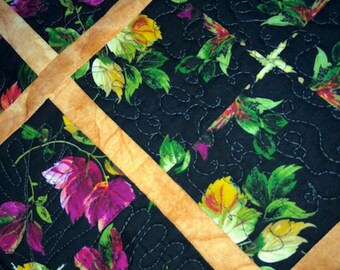 21"x30" Black Floral Kaleidoscope Reversible Tablerunner Tabletopper Quilt Quilted Patchwork Home Office Decor Elegant Kitchen Garden
