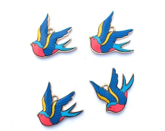 Blue and Red Swallow Bird Charms Swallow Tattoo Charms Rockabilly Charms 4 pieces