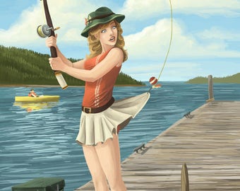 Nags Head, North Carolina - Fishing Pinup - Lantern Press Artwork (Art Print - Multiple Sizes Available)