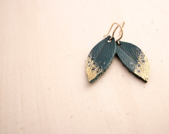 Mini Teal, Pewter and Gold Hand-painted Reclaimed Leather Leaf Earrings