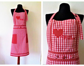 Vintage Apron, Red White Checkered Apron, Cotton Apron, Gingham Apron, Polka Dot Apron, Italian Apron, Gift for Mom