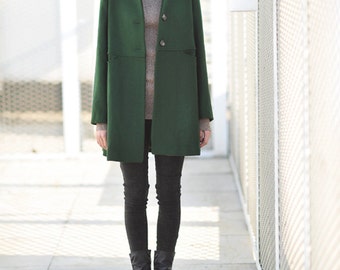 423---Women's Green Wool Coat, Vintage A Line Coat, Minitary Outerwear.