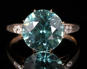 Antique Edwardian Blue Zircon Diamond Ring 18ct Gold 4.50ct Blue Zircon