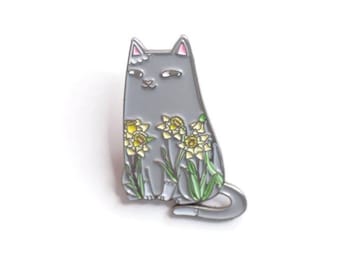 Daffodil Cat Enamel Pin: botanical, cat, camellia, sweet peas, daffodils, pin, flowers, nature, kitten, natelledrawsstuff, gift, flair