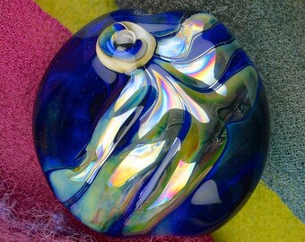Handmade Lampwork Beads "Velvet Shores" SRA Glass Focal Bead Lentil ~ OOAK Textural Organic Silver Glass Lustre ~ True Blue