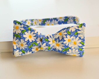 Floral Daisy Adult Bow Tie - Blue Floral Self Tie Bowtie - Spring Wedding Bow Tie