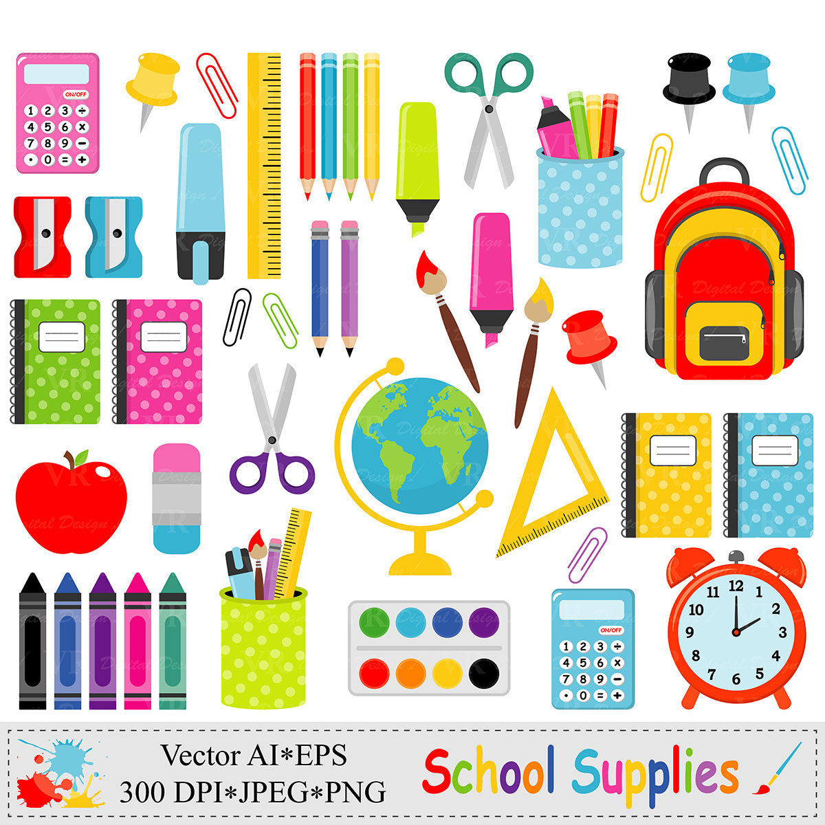 School Supplies Clip Art Back to School Graphics Stationery