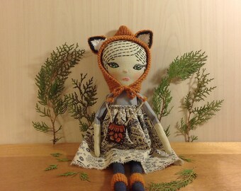 Cloth doll in fox hat - Heirloom doll - Woodland doll fox